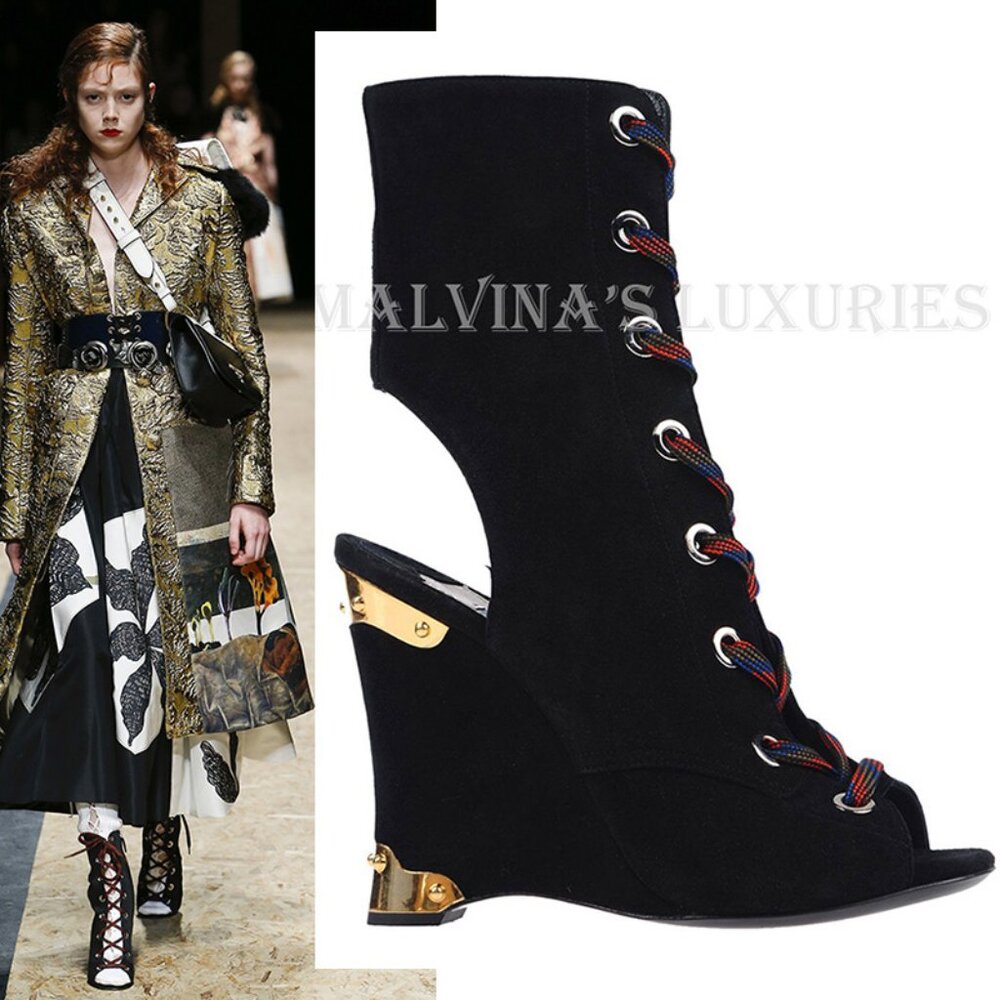 PRADA BOOTS WEDGE LACE-UP PEEP-TOE BOOTIES SUEDE LEATHER sz IT 37 US 7